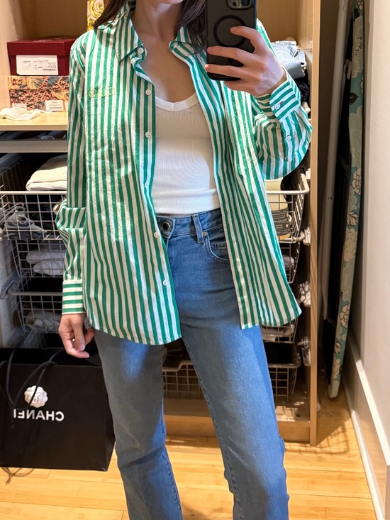 Tops - Claire V Green and White Striped Button Down Shirt